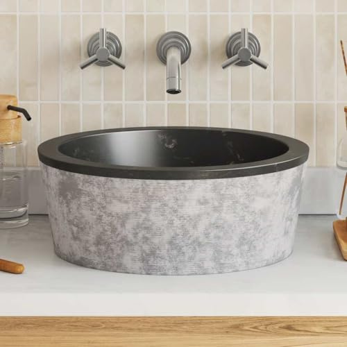 Black Marble Vessel Sink, 15.7 inch Round Bathroom Basin for Modern Vanity, Handcrafted Natural Stone Washbasin Countertop Bowl