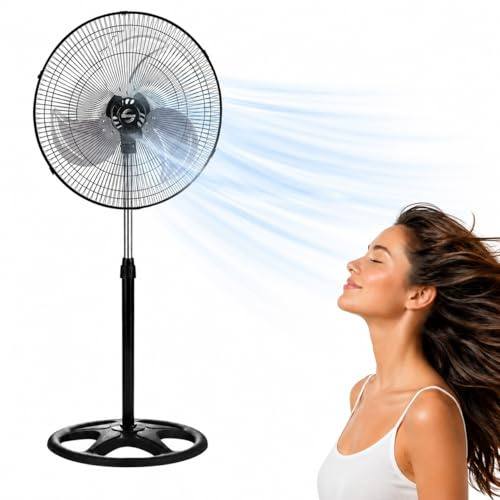 Ventilador de Pie 90W, Ventilador de suelo, Silencioso, Oscilante 3 Velocidades Altura Ajustable 110 a 130 cm, Base redonda, Aspas de 45 cm, Apto para Hogar, Oficina y Almacén, 1 Unidad color negro
