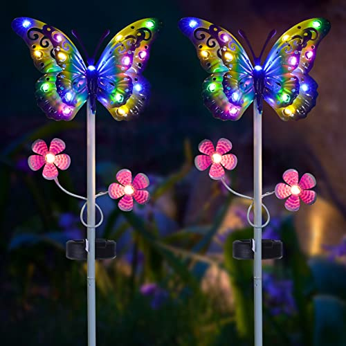 VGYVGYCC Outdoor Solar Garden Lights - 2 Pack Metal Butterfly Decorative Lights - Colorful LED Waterproof Stake Lights for Garden, Patio, Yard, Lawn, Walkway Decoration(Blue)