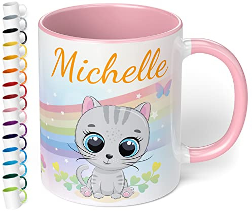 Kinder-Tasse mit Namen „Graue Katze mit Regenbogen-Motiv“ – personalisierte Namenstasse für Jungen und Mädchen - rundum bedruckt – schönes Geschenk zu Weihnachten, Geburtstag (Rosa)