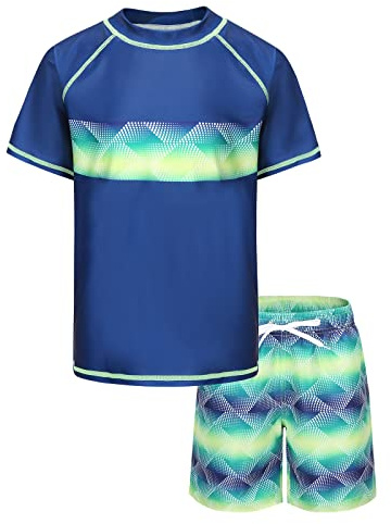 Boys Swim Set Two Pieces Rashguard Swimsuit Short Sleeve Swimming Costume Age 3-16