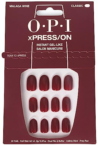 OPI Xpress/On Málaga Wine - Lote de 30 uñas postizas reutilizables con efecto gel de larga duración de hasta 14 días
