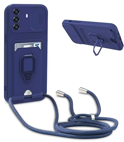 BGHHEU Handykette Schutzhülle kompatibel mit Huawei Nova Y70 Handyhülle mit Band,Schiebe Kameraschutz,360 Grad Ringhalter Stand,Kartenfach,Verstellbarer Halskette Silikon hülle - Blau