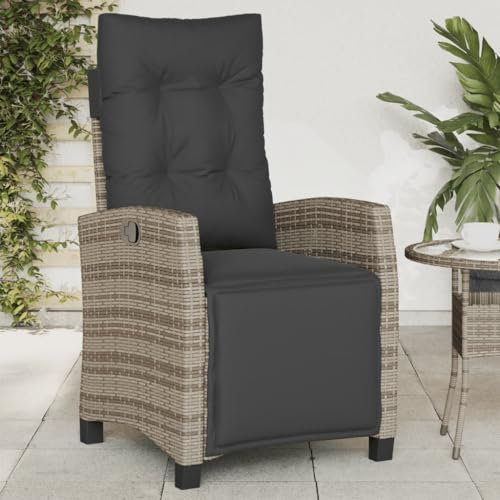 Gaseeto Grau Rattansessel Verstellbarer Gartenstuhl Hochlehner, Liegesessel für den Garten, Outdoor Rattansessel mit verstellbarem Fußteil, Gartenbank mit Kissen