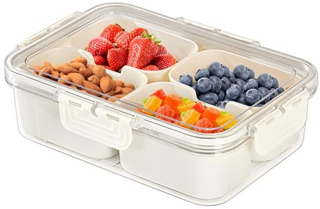 Plateau de service divisé avec couvercle et poignée, plateau à goûter avec 8 compartiments, planche à charcuterie de voyage pour pique-nique, voyage (4 compartiments)