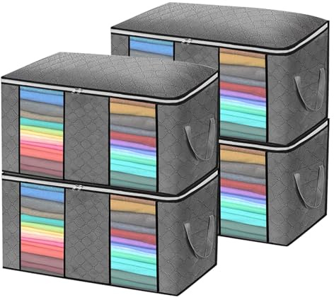 Cajas de Almacenamiento Bajo Cama, 90 Litros, Plegables con Tapa, para Ropa y Edredones, 4 Unidades