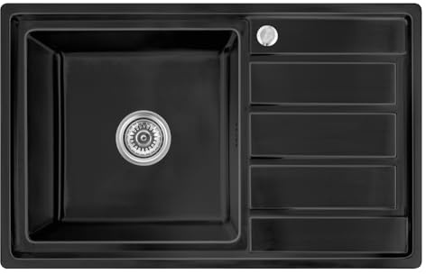 Omeere, 80x50x21 Fregadero de cocina, de acero inoxidable 304, grosor de material 0,9 mm, Fregadero empotrado 1 seno,pequeña rectangular,cuadrado, R16 (escurridor derecho – negro)