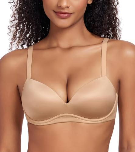 Lemorosy Women's Push Up Plunge Bra Padded Wireless Comfortable Seamless Everyday Underwear(Beige,32B)