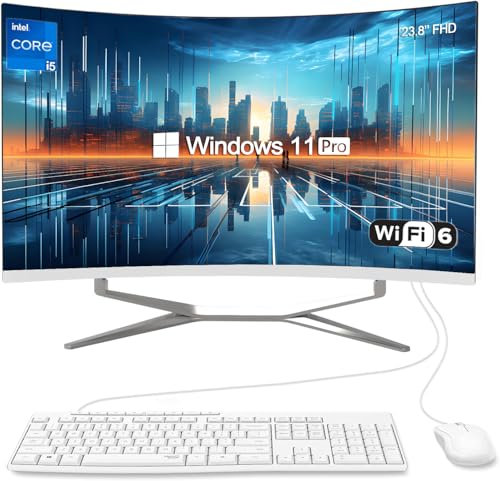 SZTPS Ordinateur Tout en Un,All in One pc 24 Pouces,Processeur i5-12450H 8 Cœurs,16 Go RAM,256 Go SSD,Windows 11 Pro Les Ordinateurs Tout en Un Blanc,QWERTY WiredClavier et Souris (Curved Panel)