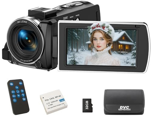 Video Camera 4K 64MP Camcorder for YouTube, Video Camera 18X Digital Zoom 3.0 Inch 270° IPS Screen, Vlogging Camera with 32GB SD Card, Battery, Remote Control