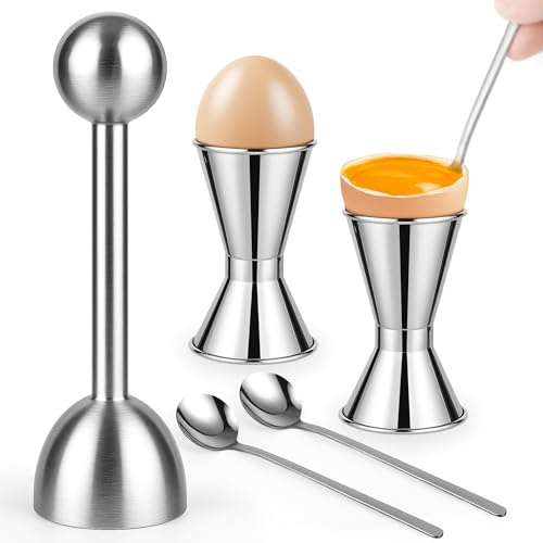wayofcha Egg Cups For Soft Boiled Eggs Set Of 5 - Includes 1 Stainless Steel Egg Cutter & 2 Egg Spoons & 2 Soft Boiled Egg Holder, Effortless & Precise Cracking - For Breakfast, Afternoon Tea, Parties