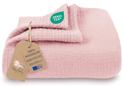 Coperta mussola neonato cotone 100 x 150 cm - Plaid garza coccola teli muslin lenzuolo bambino sottile fasciatoio trapunta leggera neonati tessuto traspirante per bimbi Oeko-Tex Rosa cipria
