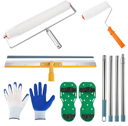Self-Levelling Cement Tool Kit, Floor Construction Roller Spike Shoes, Epoxy Floor Paint Tool, 56cm Stainless Steel Scraper Rake and 30cm Spiked Shoes, Removable Extended Handle for Self-Leveling