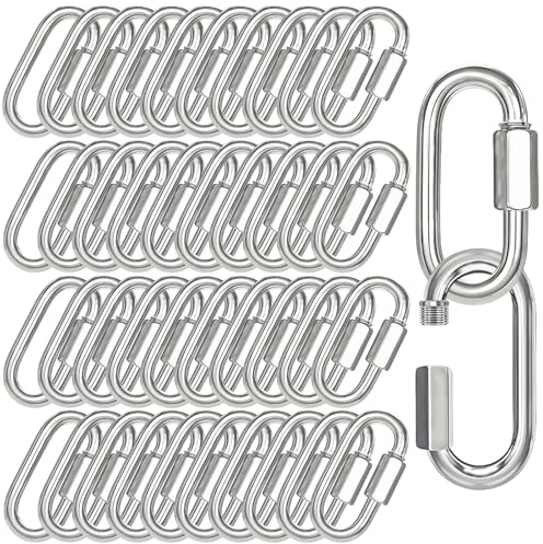 50PCS 2.36 Inches Sliver Quick Links, M6 Screw Chain Links Heavy Duty Chain Links, 1/4 Galvanized Steel Locking Carabiners for Connecting Hammock, Key Chain, Pet Leash,Gym,Camping,875 Lbs Capacity