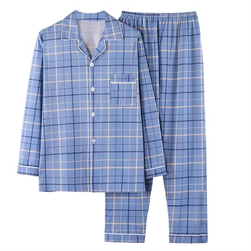 Pyjama Homme Hiver Coton Ensembles de Pyjama Boutonné Devant Manches Longues Chaud Vêtements De Nuit à Carreaux Hauts de Pyjama et Bas de Pyjama avec Poches