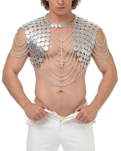 WAZHAKU Uomini Moda Crop Tanks Top Uomini Sexy Lucido Navel Metallo Catena Petto Tracolla Vintage Punk Harness Bikini Body Link Spalla Collana Collare Pendente Nappa Argento, R bianco., Taglia unica