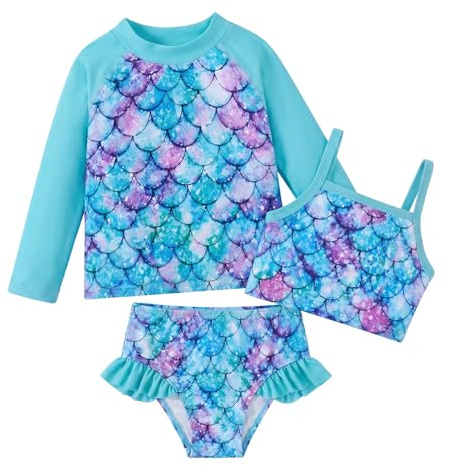 Supcomsta Girls 3 Piece Bikini Set, UPF 50+ Mermaid Scale Swimwear, Quick Dry Kids Tankini Rash Guard Swimsuit for Beach Pool Swimming