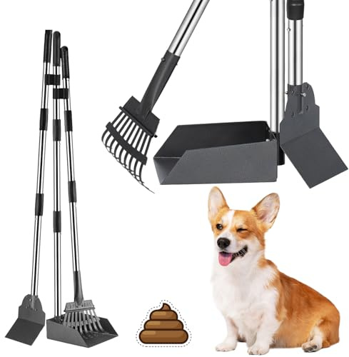 Unipampa Pelle à Crotte pour Chien, Kit Pelle Ramasse Crotte pour Chien | et Râteau Métal, Pelle à Crottes à Manche Long Réglable, Lot de 3 Pelle à déjections Canines et Râteau en Métal, 96cm de long