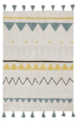 Lorena Canals Alfombra Azteca Natural Lavable, algodón, Azul Vintage, 120 x 160 x 30 cm