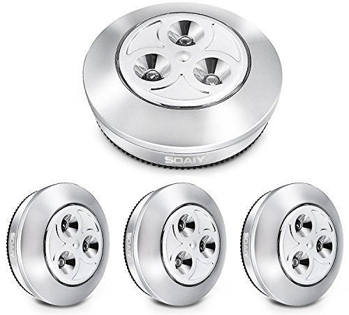 SOAIY [Versión mejorada 4PCS Luces led adhesiva para interior con pulsador, Lámpara nocturna sin cable en el interior del armario, cocina, vitrinas de cristal, habitaciones, garajes, etc. Plateado