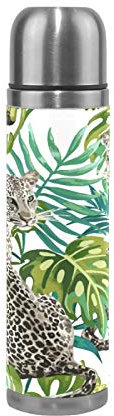 Linomo Thermosflasche Tier Leopard Palme Blätter Edelstahl Wasserflasche,Isoliert Auslaufsicher, Doppelwandig Vakuumflasche für Sport Reise Camping Büro 500 ml