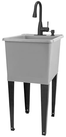 Grey Space Saver Utility Sink by JS Jackson Supplies, Freestanding Tehila Space Saving Laundry Tub, Matte Black Pull-Down Faucet, Soap Dispenser