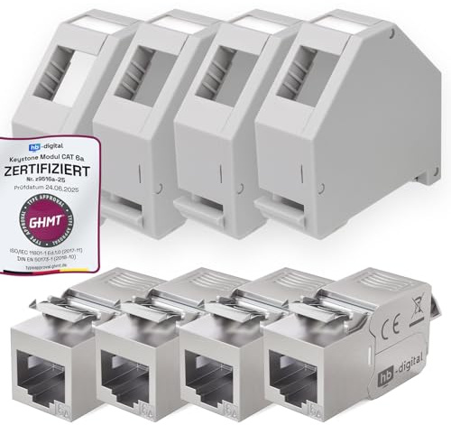 hb-digital Juego de 4 módulos Keystone Cat.6a RJ45 + 4 adaptadores de riel Keystone para riel de sombrero, 35 mm, conector RJ35 apantallado, montaje sin herramientas, Ethernet LAN, red STP LSA