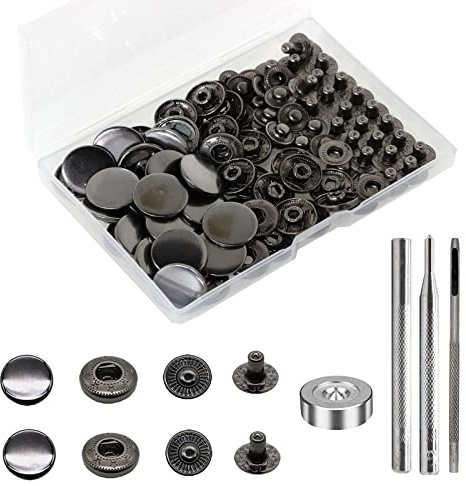 BetterJonny Juego de 24 cierres a presión de cuero resistentes, botones a presión de metal de 17 mm, remaches de cuero con 4 herramientas de ajuste para ropa, pulseras, chaquetas, jeans (negro