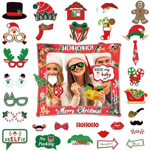 Christmas Inflatable Photo Booth with 36Pcs Photo Booth Props Selfie Picture Frame for Christmas Family Party,ChristmasParty Game Accessories Supply,Giant Props Frame Celebration Blow Up Party Prop