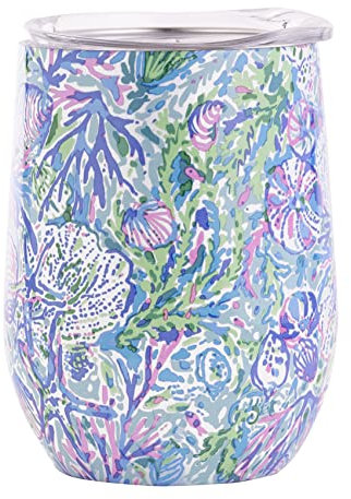Lilly Pulitzer 12 Oz Insulated Tumbler with Lid, Stainless Steel Travel Wine Glass, Double Wall Metal Cup, Soleil It On Me