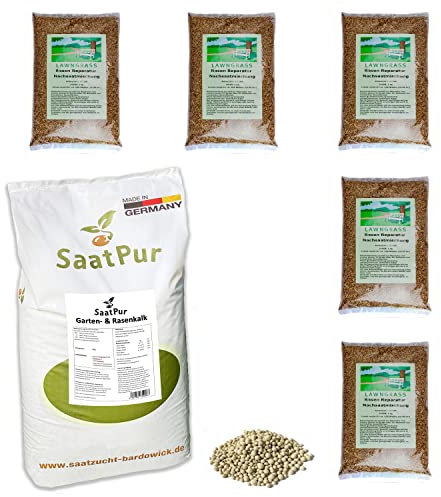 SaatPur® Set aus 20 kg Rasenkalk und 5 x 1kg Rasensamen Nachsaat Wunder, Gartenkalk gegen Moos und saure Böden, Rasen für ca. 150 m², Mehrjähriger Gebrauchsrasen