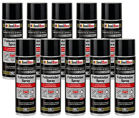 Isolbau Folienkleber-Spray - Professioneller Baukontaktkleber zum Verkleben von Bau- und Dampfsperrfolien - Für PVC, Holz, Beton uvm - 10 x 500 ml