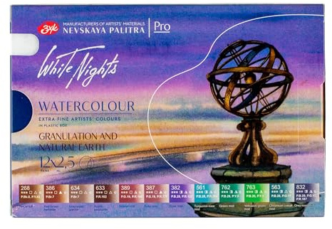 White Nights Professional Watercolor Set 12 Full Pans of Granulating and Natural Earth Colors, Extra Fine Artist Grade Pigments, Vibrant Lightfast Colors in Portable Durable Plastic Box by Nevskaya