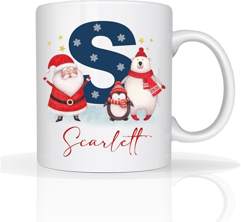 Star Online Personalised Christmas Mug with Your Name & Initial Ceramic Coffee Cup - Special Secret Santa Xmas Eve Gift - 11oz - Custom Alphabet A to Z