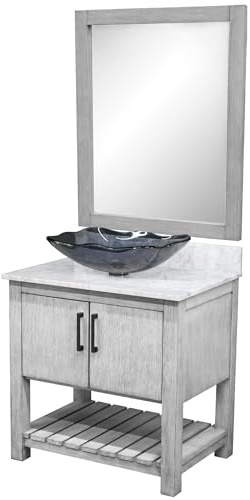 Miseno MV-30SG-NOBV-CAR-317G-MIR 30 Free Standing Single Basin Vanity Set with Cabinet, Marble Vanity Top, Rectangular Glass Vessel Sink and Mirror - Stonewash Grey/Carrara White Top/Matte Black