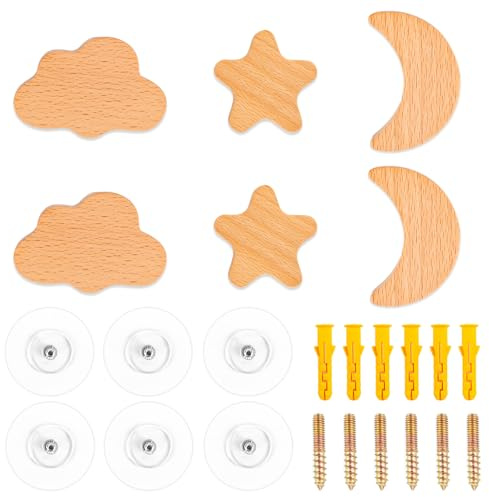 RUNEAY Ganchos para ropa para niños, Colgadores de Ropa, Colgadores Pared, autoadhesivos, 6 unidades, ganchos de pared, ganchos de madera, ganchos autoadhesivos, sin agujeros, habitación infantil