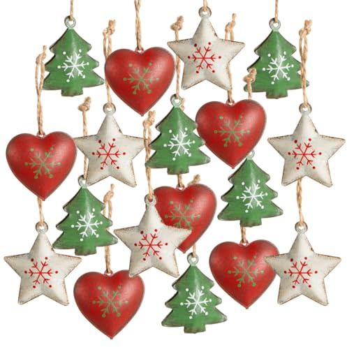 Baumschmuck Weihnachten Herz Stern Baum, 18er Set, grün rot weiß, Weihnachtsbaumanhänger aus Metall zum Aufhängen 4 cm