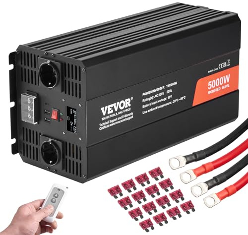 VEVOR Onduleur à Onde sinusoïdale modifiée, 5000 W, onduleur CC 12 V à CA 230 V avec 2 Prises CA, 2 Ports USB, 1 Port Type-C, écran LCD et Une télécommande pour appareils ménagers à Charge élevée