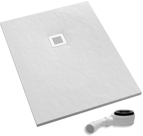 AQUABAD Duschwanne/Duschtasse Palast mit LeakProtect Technologie White Stone 90x140cm Rechteck - Blende: polierter Stahl | inkl. Ablaufgarnitur/Siphon