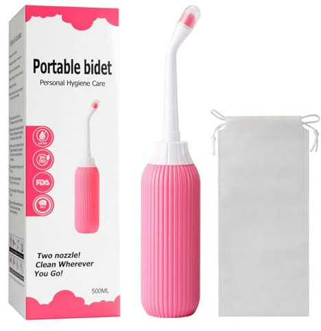 Brigtviee Bidet Portable Personnels, Pulvérisateur Bidet à Main pour Voyage, Douche Intime Périnée, Peri Bottle, Bouteille Périnéale avec Buse Rétractable et Sac de Rangement, 500ml,Rose