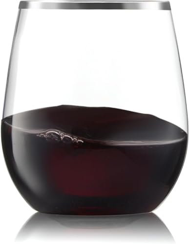 Paquete de 32 copas de vino desechables de plástico sin tallo de 12 onzas, borde plateado, inastillables, reciclables y sin BPA, elegantes vasos para todas las bebidas, cócteles, recepciones de boda