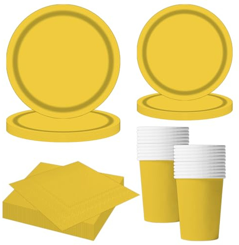 MORAINJAY 68Pcs Yellow Party Tableware Set, Yellow Paper Plates, Cups, Napkins, Birthday, Easter, Baby Shower, Graduation, Table Decoration, Holiday Party Supplies