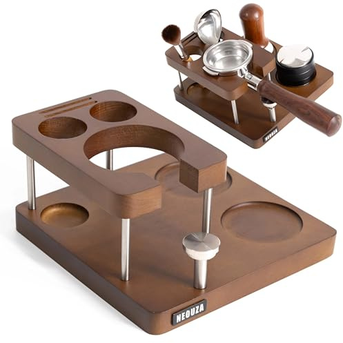 NEOUZA Kaffee-Tampingstation 51mm 7-in-1 Aufbewahrung, kompatibel mit DeLonghi und den meisten 51mm Siebträgern der Serien ECP/EC/Stilosa, höhenverstellbar, Massivholz