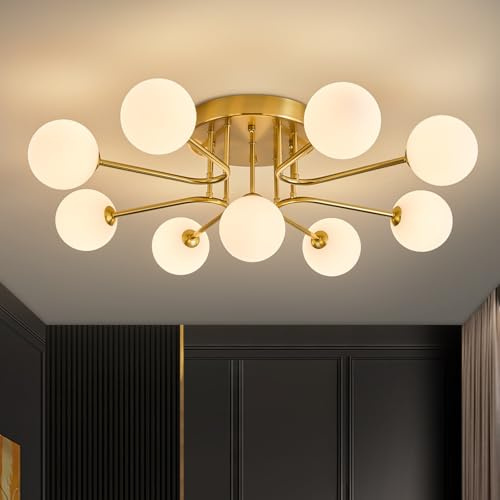 JUJUQI Moderne Deckenleuchte Vintage Gold Deckenlampe, Weiß Globe Sputnik Kronleuchter, 9-Lichter Design, Halbbündiger Luxus Deckenleuchte für Wohnzimmer Schlafzimmer Esszimmer