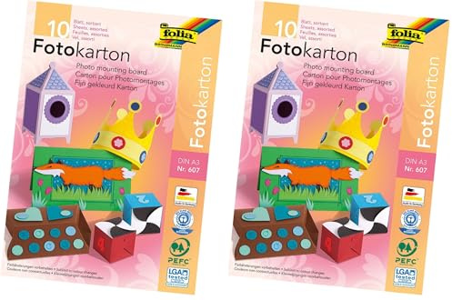 folia 607 - Block mit farbig sortiertem Fotokarton, DIN A3, 10 Blatt, 300 g/qm, ideale Grundlage für vielfältige Bastelarbeiten wie Fensterbilder, Scrapbooking, Kartengestaltung (Packung mit 2)