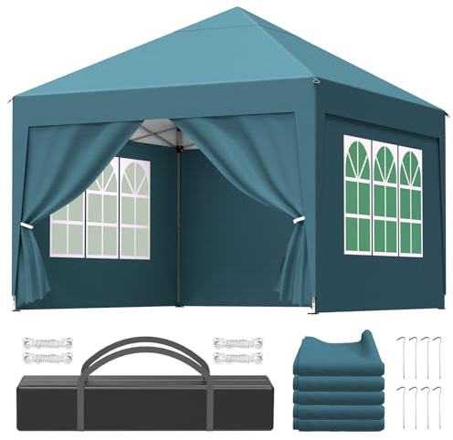 Gazebo Pieghevole 3x3, Pop Up Gazebo con Pareti da Giardino Altezza Regolabile, Tenda da Giardino per Birra-Matrimoni-Campeggio-Picnic UV50+, Tendone Impermeabile, Padiglione Con Custodia, Verde Scuro