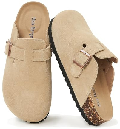 Meik Mangni Zuecos y Mules Ante para Mujer Pantuflas de Piel con Corcho Cerradas Hombre Mules Cómodos Zapatillas de Jardín con Hebilla Ajustable,Beige,40 EU