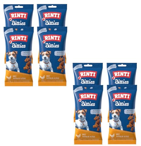 Rinti Bitties Huhn + Käse | 8er Pack | 8 x 75 g | Snack für ausgewachsene Hunde | Extra weich | Ohne Zucker & Soja | Mit wertvollem Omega 3 | Viel frisches Fleisch