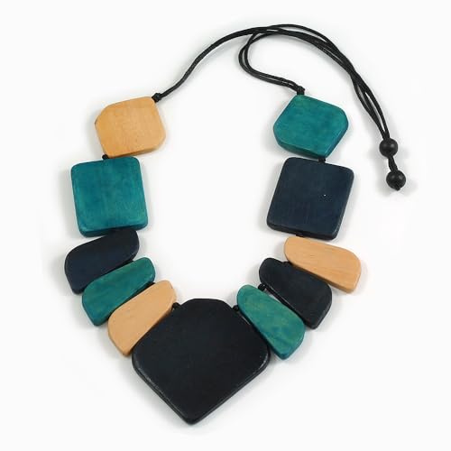 Avalaya Chunky Geometric Wooden Statement Necklace in Teal, Navy & Natural Tones – Adjustable Black Cotton Cord (74cm)