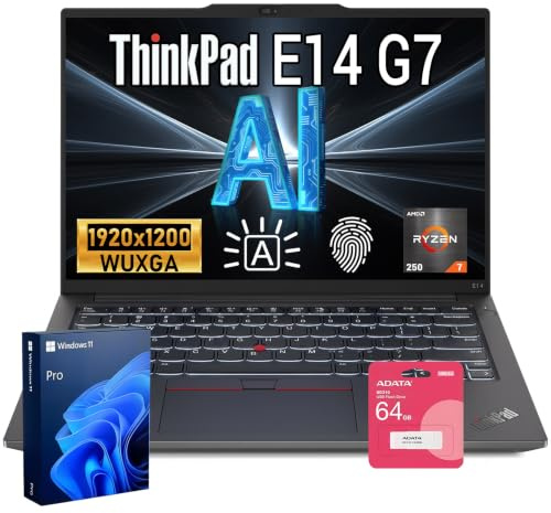 Lenovo ThinkPad E14 Gen 7 14 FHD+, AMD Ryzen 7 250 Business Laptop | 16GB DDR5 RAM, 512GB SSD, Camera, Fingerprint Reader, ethernet port, Wi-Fi 6, Windows 11 Pro, Black, w/Bundle